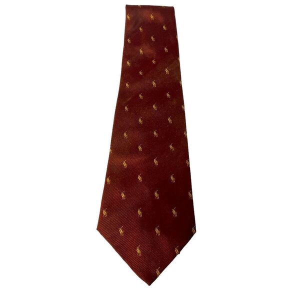 Vintage Maroon Ralph Lauren Tie with Gold Logo Pattern - Picture 1 of 2